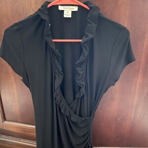 White House Black Market faux wrap around Black Blouse With A Ruffled neckline